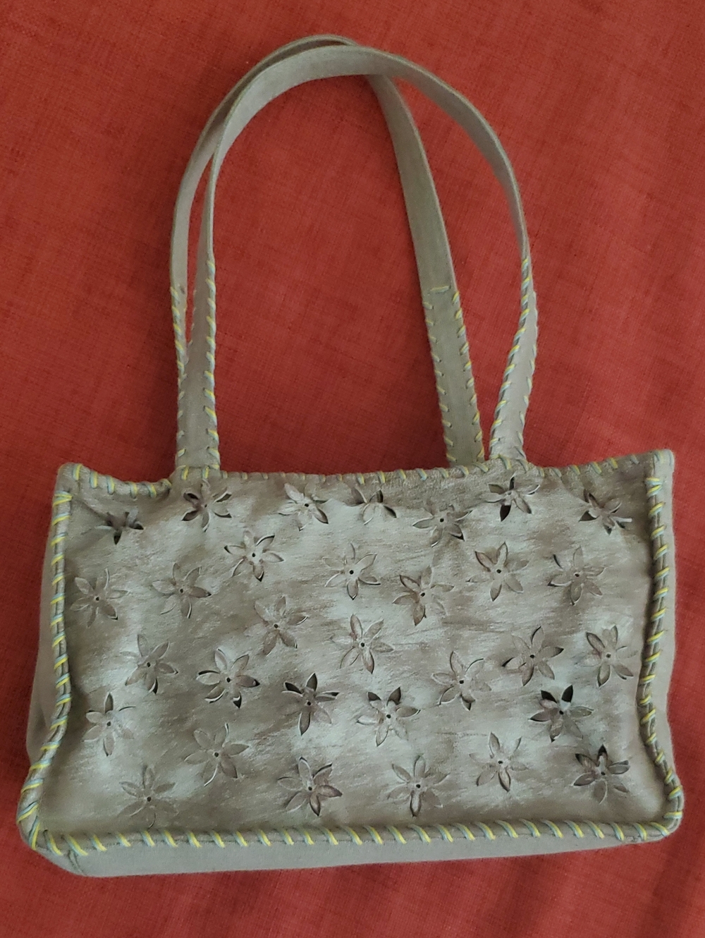 Sigrid Olsen Vintage Taupe Floral Cutout Leather Tote with Contrast Stitching